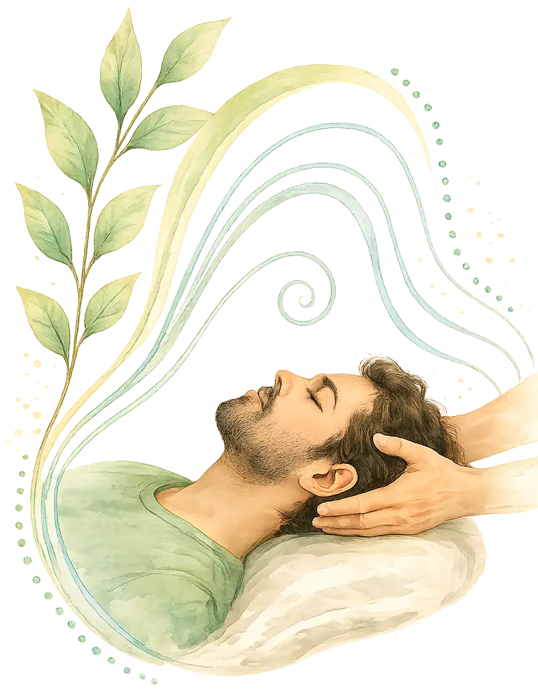 Watercolor-style illustration of a biodynamic craniosacral therapy session with gentle hands supporting a relaxed man’s head, surrounded by soft botanical elements and flowing abstract shapes.