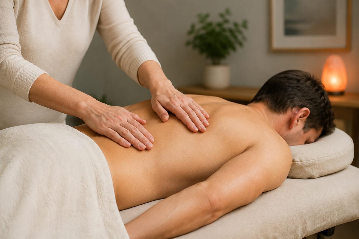 A massage therapist gently works on a client’s upper back during a relaxing therapeutic massage session in a calm, softly lit treatment room.